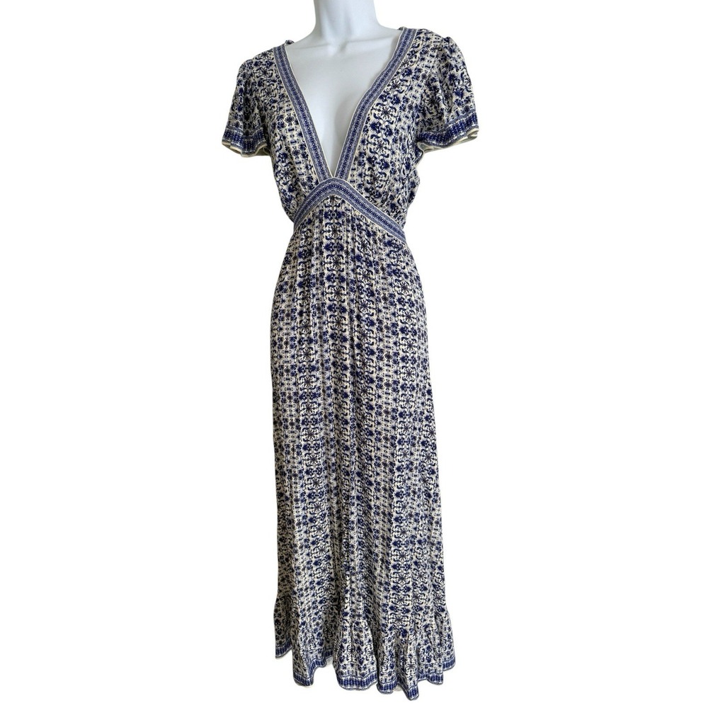 Boho Maxi Dress L Blue White Floral Deep V Empire Waist Cottagecore Vacation - Picture 3 of 10